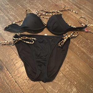 Victoria's Secret Black Bikini with Animal Print Accents 32C Top, Small Bottom